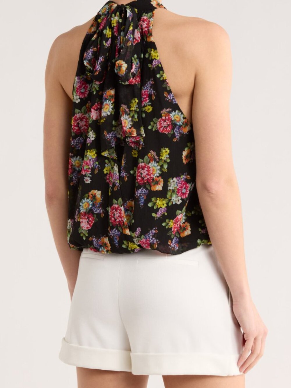 NWT ALICE + OLIVIA Maris Floral Halter Top Magnolia Black Tie Back Small - Picture 2 of 4